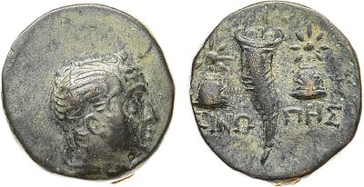 Пафлагония. AE 17 120-100 гг до н.э. Бронза. 4,39г. Синоп. Аверс: драпированный бюст Персея с 