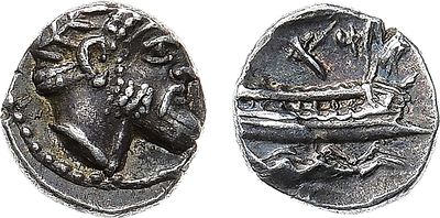 Финикия. Обол 400-350 гг. до н.э. Серебро. 0,89г. Арадос. Аверс: голова Баалтара вправо. 