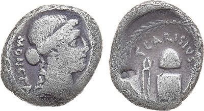 Римская республика. Каризий. Денарий 46 года до н.э. Серебро. 2,92г. Рим. Аверс: "MONETA" бюст 