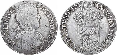 Королевство Франция. Король Людовик XIV. 1/2 экю 1657 года. Серебро. 13,56г. Байонна (L). 