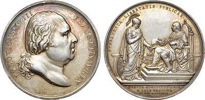 Королевство Франция. Король Людовик XVIII. Медаль 1814 года. Конституционная Хартия. Серебро. 