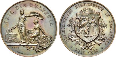 Швейцария. Кантон Тургау. Медаль 1890 года. Стрелковая. Кантональный стрелковый фестиваль в 
