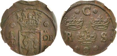 Королевство Швеция. Королева Кристина. 1 эре 1634 года. В слабе ННР MS 62 BN. Медь. KM 153. MS 