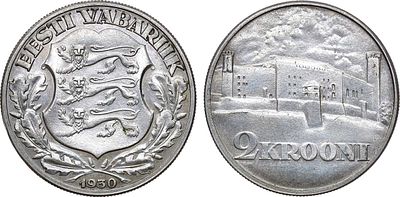 Эстония. Первая республика. 2 кроны 1930 года. Замок Тоомпеа в Таллине. Серебро. 11,91г. 