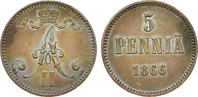 5 пенни 1866 года. Медь. 6,31г. Для Финляндии. Гельсингфорсский монетный двор. Уздеников 4670. 