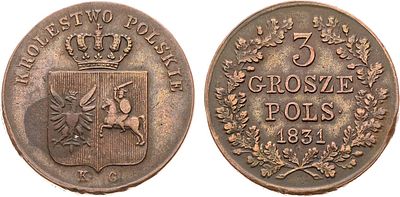 3 гроша 1831 года. KG. Польский мятеж. Медь. 8,62г. Варшавский монетный двор. Аверс: лапы орла 