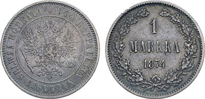 1 марка 1874 года. S. Серебро. 5,11г. Для Финляндии. Гельсингфорсский монетный двор. Уздеников 