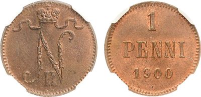 1 пенни 1900 года. В слабе ННР MS 64 BN. Медь. Для Финляндии. Гельсингфорсский монетный двор. 