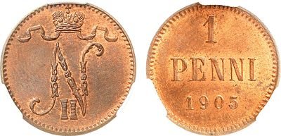 1 пенни 1905 года. В слабе CPRC MS 64 RB. Медь. Для Финляндии. Гельсингфорсский монетный двор. 