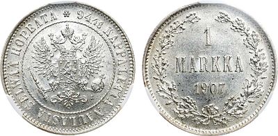 1 марка 1907 года. L. В слабе CPRC MS 62. Серебро. Для Финляндии. Гельсингфорсский монетный 
