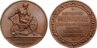 Медаль Императорское Доно-Кубано-Терское общество сельского хозяйства. Бронза. 58,71г. Диаметр 