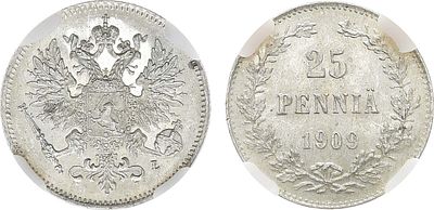 25 пенни 1909 года. L. В слабе ННР MS 64. Серебро. Для Финляндии. Гельсингфорсский монетный 