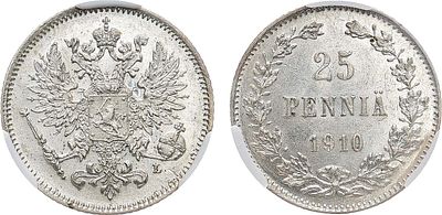 25 пенни 1910 года. L. В слабе CPRC MS 63. Серебро. Для Финляндии. Гельсингфорсский монетный 