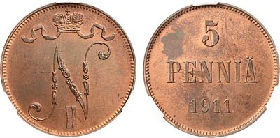 5 пенни 1911 года. В слабе CPRC MS 63 RB. Медь. Для Финляндии. Гельсингфорсский монетный двор. 