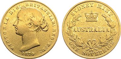 Австралия. Королева Виктория. Соверен 1870 года. Золото 917 пробы. 7,93г. Сидней. KM 4. VF.