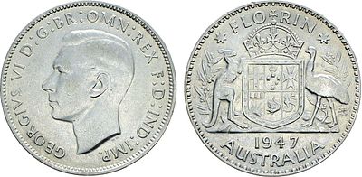 Австралия. Флорин 1947 года. Серебро 500 пробы. 11,23г. Мельбурн. KM 40a. XF/AU.