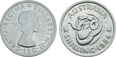 Австралия. 1 шиллинг 1954 года. Серебро 500 пробы. 5,61г. Мельбурн. KM 53. XF.