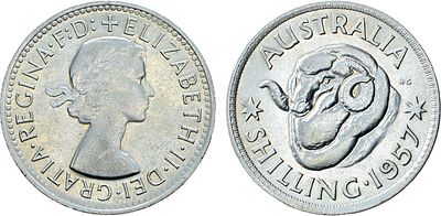 Австралия. 1 шиллинг 1957 года. Серебро 500 пробы. 5,64г. Мельбурн. KM 59. XF/AU.