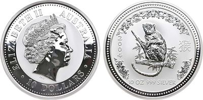 Австралия. 10 долларов 2004 года. Серия "Лунный календарь". Год обезьяны. Серебро 999 пробы. 