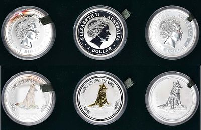 Австралия. Набор из трех монет 1 доллар 2006 года. Серия "Лунный календарь". Год собаки. Серебро 