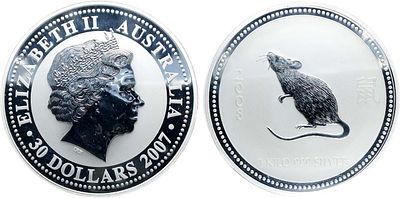 Австралия. Королева Елизавета II. 30 долларов 2007 года. Серия "Лунный календарь" - год крысы. С 
