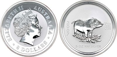 Австралия. Королева Елизавета II. 8 долларов 2007 года. Серия "Лунный календарь". Год свиньи. Се 
