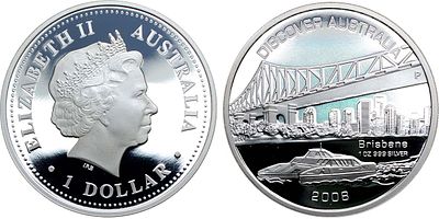 Австралия. Королева Елизавета II. 1 доллар 2008 года. Серия "Открытие Австралии". Брисбен. Сереб 