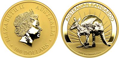Австралия. 100 долларов 2011 года. Австралийский кенгуру. Золото 999 пробы. 31,1г. Перт. Тираж 