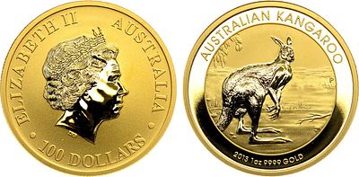 Австралия. 100 долларов 2013 года. Австралийский кенгуру. Золото 999 пробы. 31,1г. Перт. Тираж 