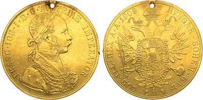 Австро-Венгерская империя. Император Франц Иосиф I. 4 дуката 1909 года. Золото 986 пробы. 13 