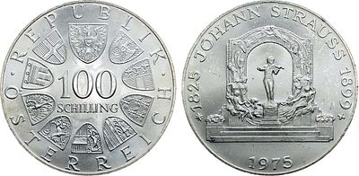 Австрия. Вторая республика. 100 шиллингов 1975 года. 150 лет со дня рождения Иоганна Штрауса. Се 