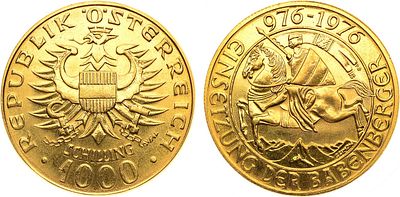 Австрия. Вторая республика. 1000 шиллингов 1976 года. 1000 лет династии Бабенбергов. Золото 900 