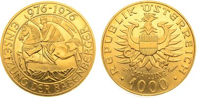 Австрия. Вторая республика. 1000 шиллингов 1976 года. 1000 лет династии Бабенбергов. Золото 900 