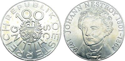 Австрия. Вторая республика. 100 шиллингов 1976 года. 175 лет со дня рождения Иоганна Нестроя. Се 