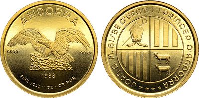 Андорра. Княжество. 1 онза 1988 года. Андоррский орёл. Золото 999 пробы. 31,1г. Необычные 
