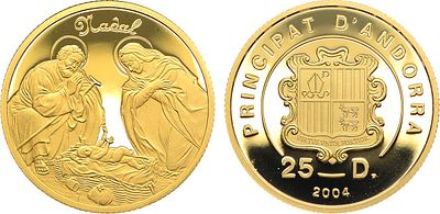 Андорра. Княжество. 25 динеров 2004 года. Рождество. Золото 999 пробы. 8,16г. Тираж 5000 экз. 