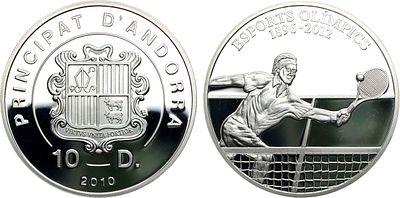 Андорра. Княжество. 10 динеров 2010 года. Олимпиада 2012 года. Большой теннис. Серебро 925 