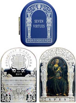 Андорра. Княжество. 10 динеров 2012 года. Серия "Семь добродетелей". Надежда. Серебро 999 