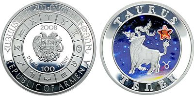 Армения. 100 драм 2008 года. Серия "Знаки зодиака". Телец. Серебро 925 пробы. 28,28г. Варшава. 