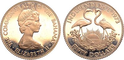 Багамы. 50 долларов 1973 года. Независимость (Фламинго). Золото 500 пробы. 15,8г. Лондон. Тираж 