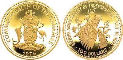 Багамы. 100 долларов 1975 года. Вторая годовщина независимости. Серебро 500 пробы. 18г. Балерна 