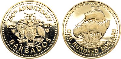 Барбадос. 100 долларов 1975 года. 350 лет колонии Барбадос. Золото 500 пробы. 6,44г. Коутсвил 