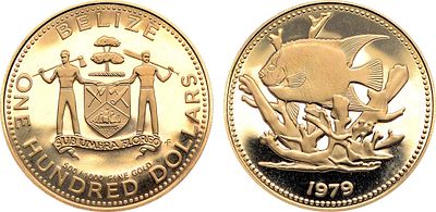 Белиз. 100 долларов 1979 года. Рыбы - Королевская рыба-ангел. Золото 500 пробы. 6,39г. Тираж 