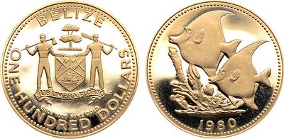 Белиз. 100 долларов 1980 года. Мавританский идол рифовая рыба. Золото 500 пробы. 6,42г. Тираж 