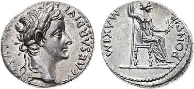 Римская империя. Император Тиберий. Денарий 16 год. Серебро. 3,8г. Лугдун. Аверс: круговая 