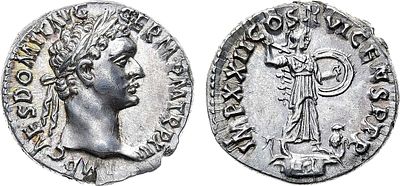 Римская империя. Император Домициан. Денарий 92-93 гг. Серебро. 3,6г. Рим. Аверс: круговая 