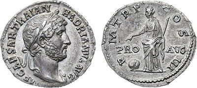 Римская империя. Император Адриан. Денарий 121 года. Серебро. 2,93г. Рим. Аверс: круговая 