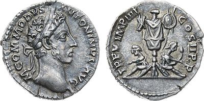 Римская империя. Император Коммод. Денарий 180 года. Серебро. 3,03г. Аверс: портрет императора 