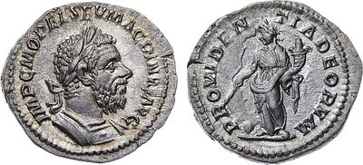 Римская империя. Император Макрин. Денарий 218 года. Серебро. 2,7г. Рим. Аверс: круговая 