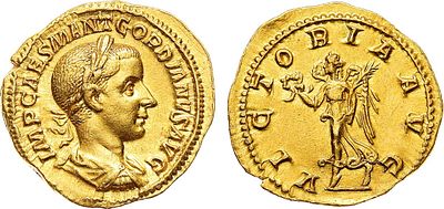 Римская империя. Император Гордиан III. Ауреус 238-239 гг. Золото. 4,78г. Рим. Аверс: портрет 